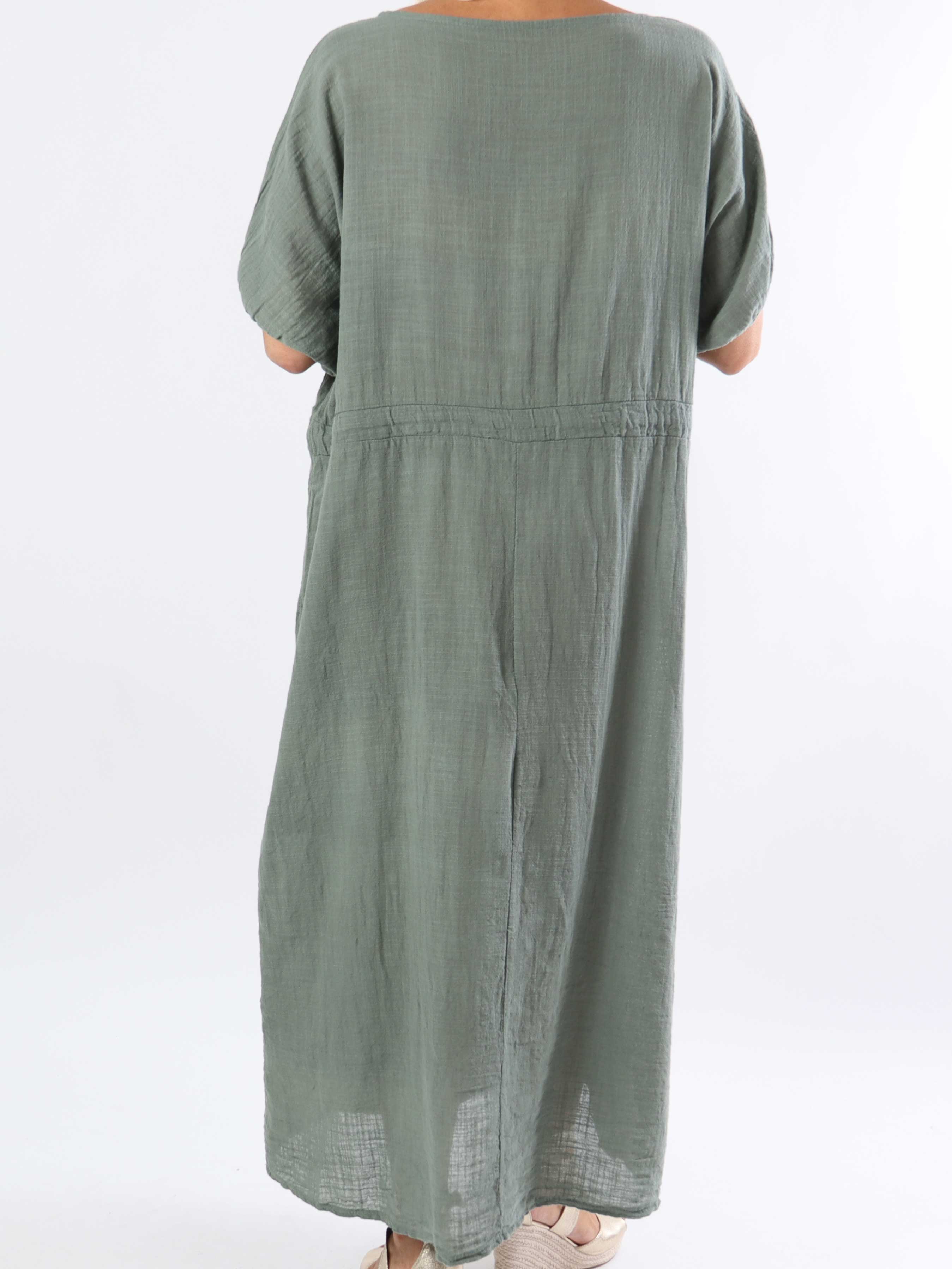 Agnete - Lang plus size kjole i bomuld med bindebånd